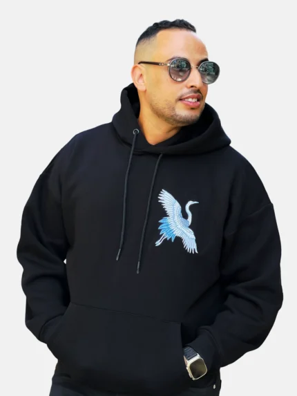 Hoodie OSAR noir, broderie grue bleu arctique